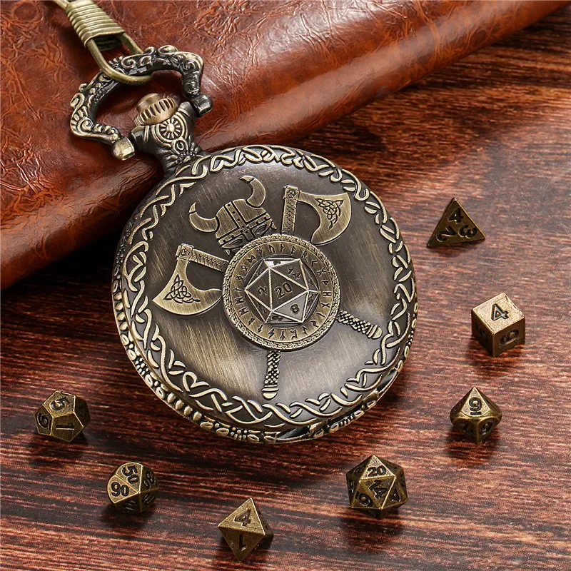 

Retro Helmet Double Axes D20 Pocket Watch Case Fob Chain with 7Pcs Tiny Metal Polyhedral Dice Set Role Play Game Accessory