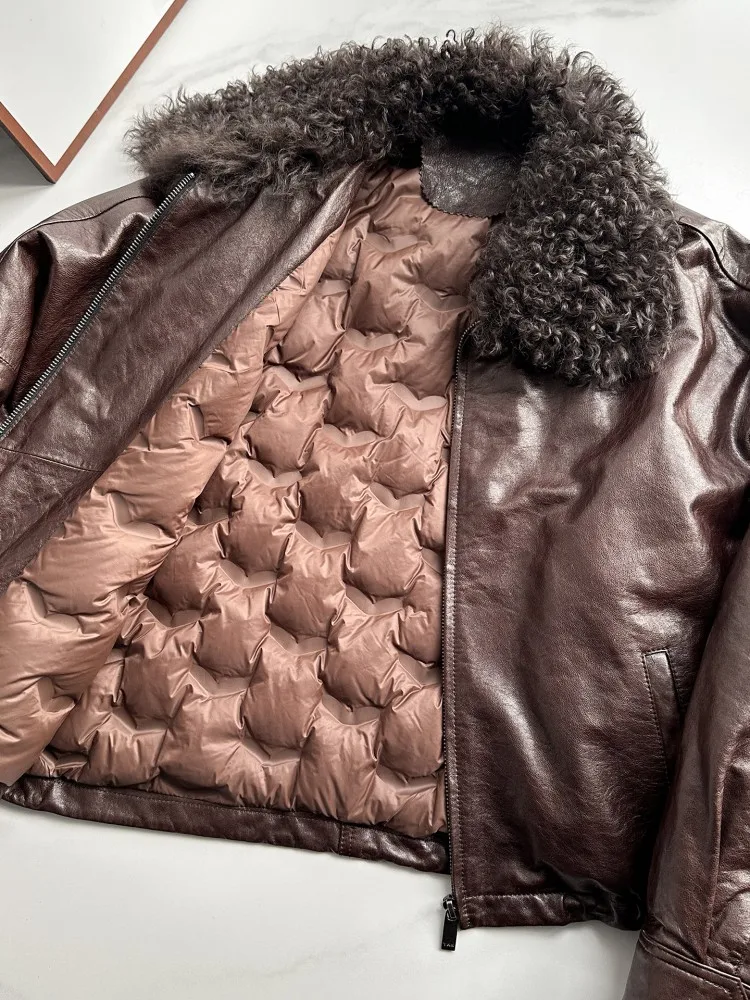 Vintage femmes veste en cuir véritable col en laine chaud vêtements d'extérieur décontractés coupe ample fermeture éclair Streetwear hiver huile cire manteau en peau de mouton