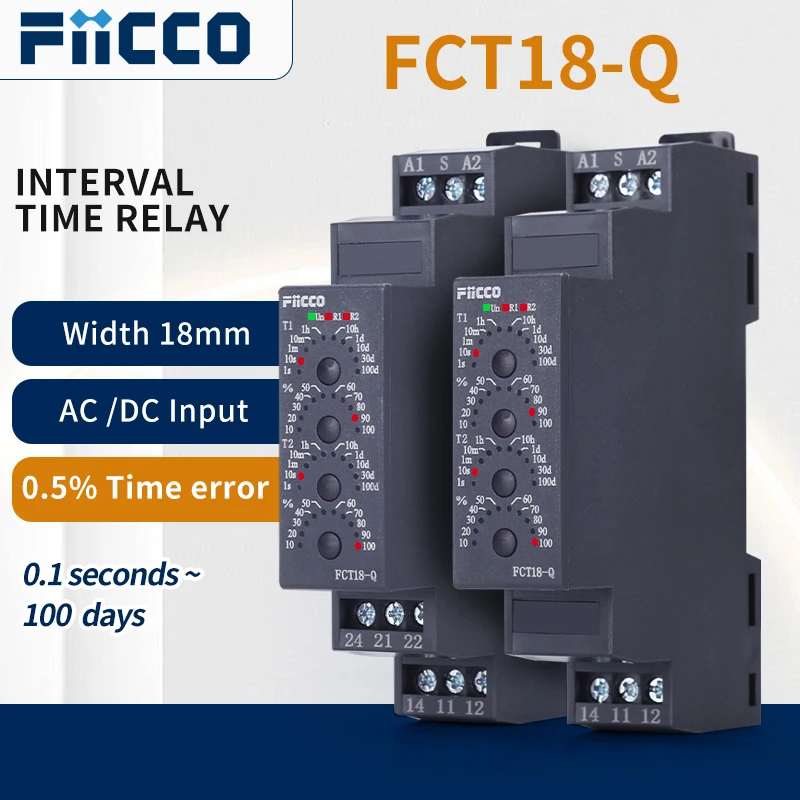 

Fiicco FCT18-Q 18mm Din Rail Mounting ACDC12V 24V 48V 60V 110V 220V 230V 240V Off-delay Timer Relay for Industrial refrigeration