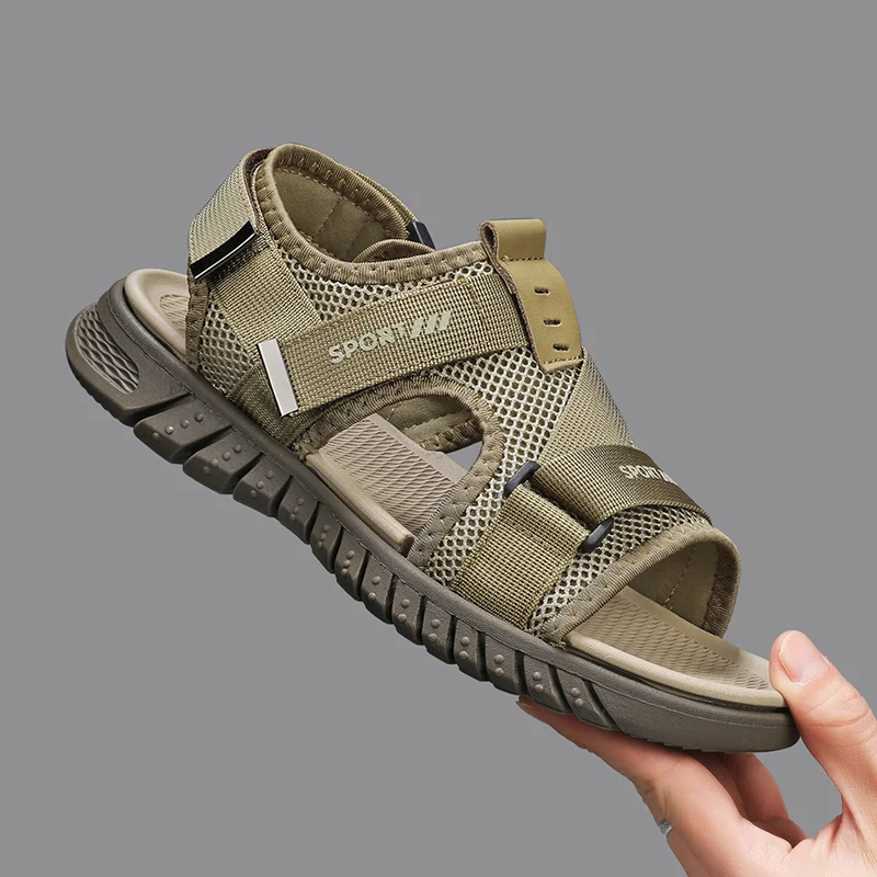 Sandalias de empalme de malla para hombre, zapatillas informales de talla grande, antideslizantes para playa y exteriores, Verano