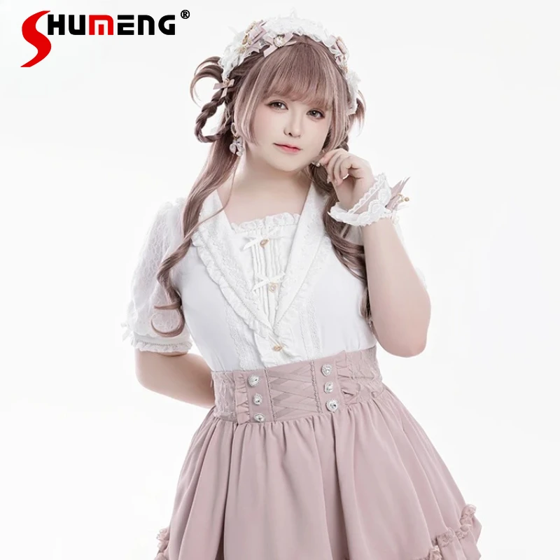 New Cute Lace Blusas Japanese Lolita Style Hot Girl Slim Fit Blouse Sailor Collar Short Sleeves Single-breasted Shirt For Women