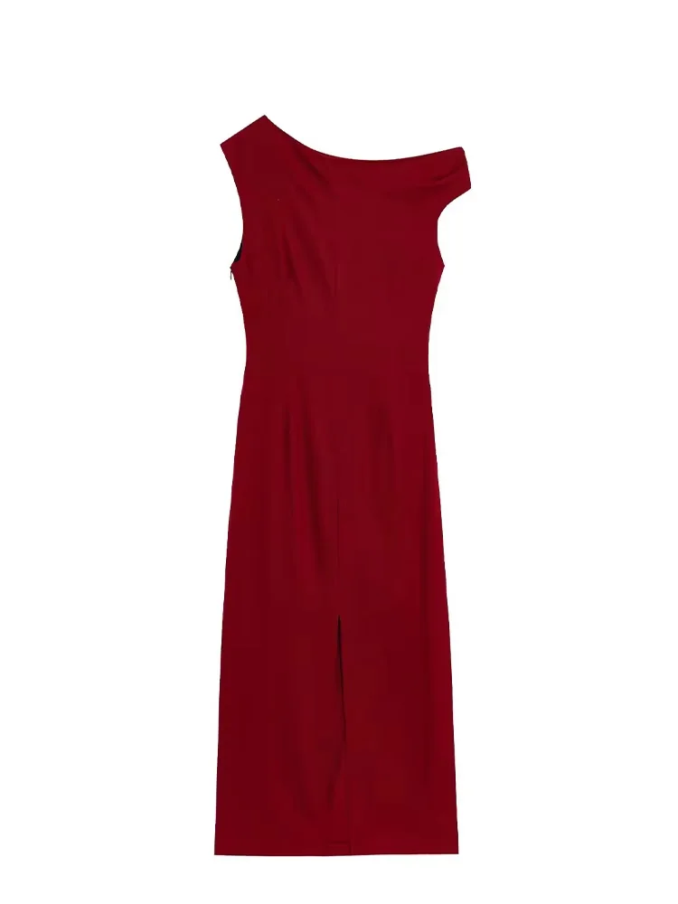 HH المرأة الصيف موضة الجولة الرقبة بلا أكمام خط المخلوطة فستان ميدي أنثى مثير أنيقة سليم مطوي هيم شق فستان طويل