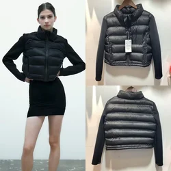 Women's Stand Collar Black Jacket Stylish Patchwork Short Quilted Coat Fashion Long Sleeve Autumn And Winter Jackets Casual Top