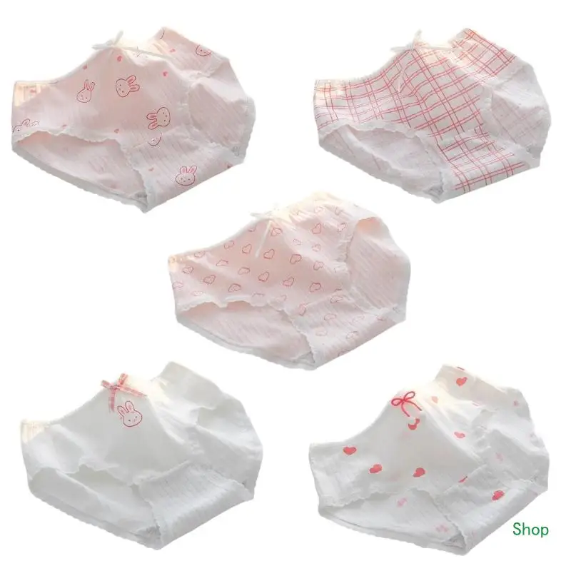 Dropship 5Pcs Heart Rabbit Print Women's Underwear Lace Trim Bows Cotton Panties Briefs