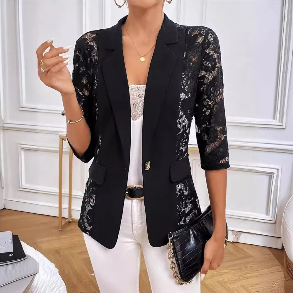 Lace Patchwork Suit Jacket Ladies Top Terno Feminino Elegante Vetement Femme Blazer Feminino Acinturado Women Coat Moda Feminina