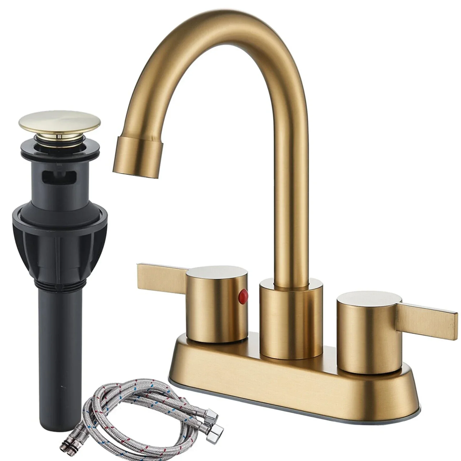 

4 Inch 2-Handle Brushed Gold Bathroom Faucet for Lavatory with Pop-up Sink Drain and Faucet Supply Lines