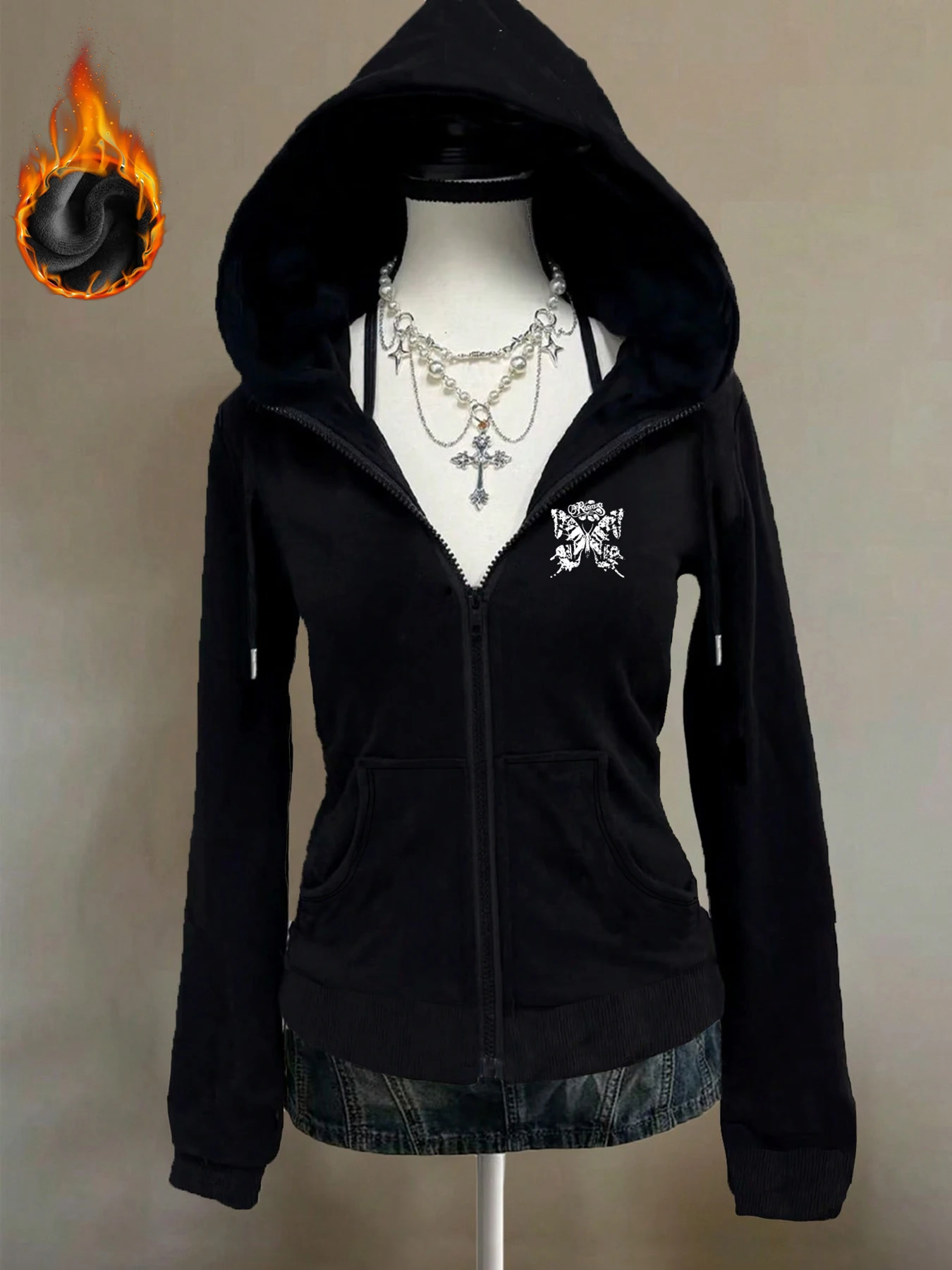 

Winter Y2k Gothic print thick heavy velvet black hooded zipper jacket slim temperament women's jacket casual lazy commuter style