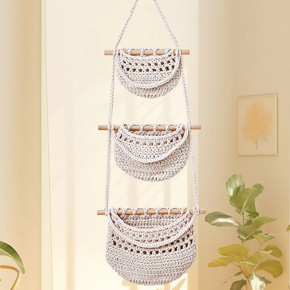 Multifunctional Cotton Rope Hanging Fruit Baskets Simple Stylish 3 Tier Storage Bag Handmade Fruit Net Pocket Closet