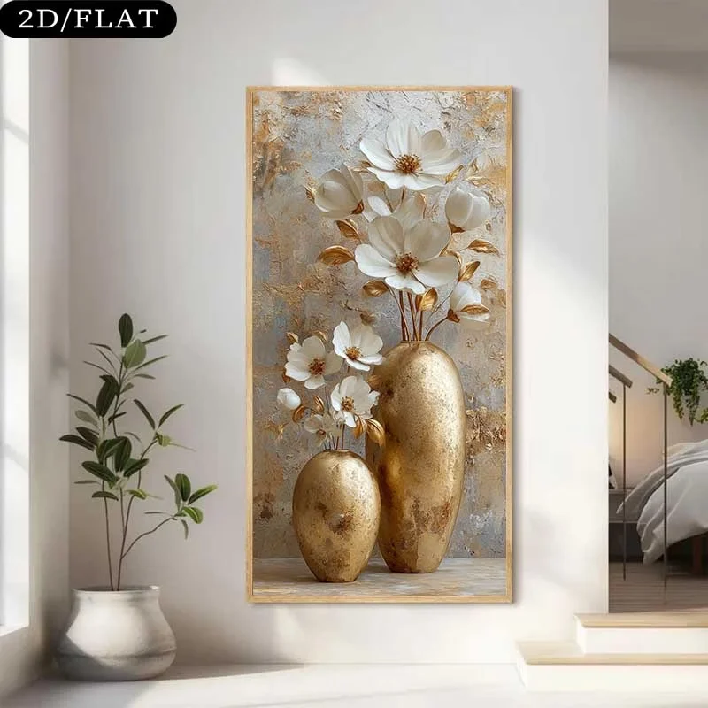 Golden Vase with White Flowers Posters Frameless Canvas Print Luxury Modern Home Decor Wall Art for Living Room Bedroom 2D Flat