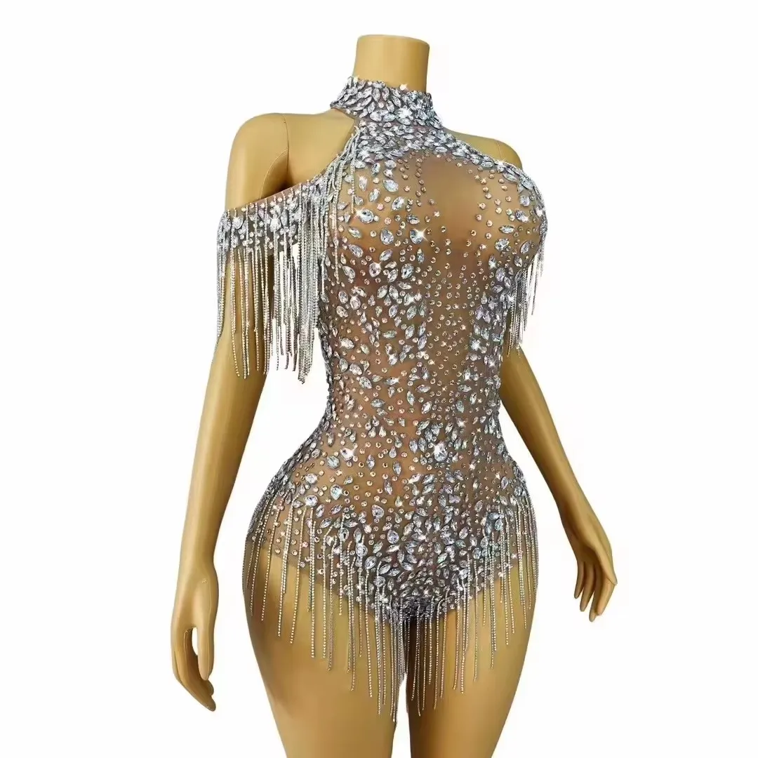 Sexy transparant zilver strass kwastje bodysuit danser zanger nachtclub bar podiumkleding elastisch kristal turnpakje danskostuum