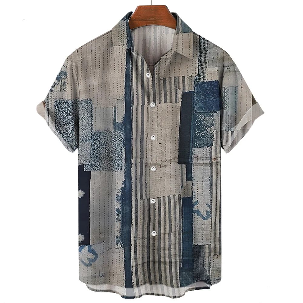 Fun Fabric Mending Print Summer Men\'s Shirts Casual Oversized Short Sleeve Fashion Single-Breasted Blouses Trend Men Clothing