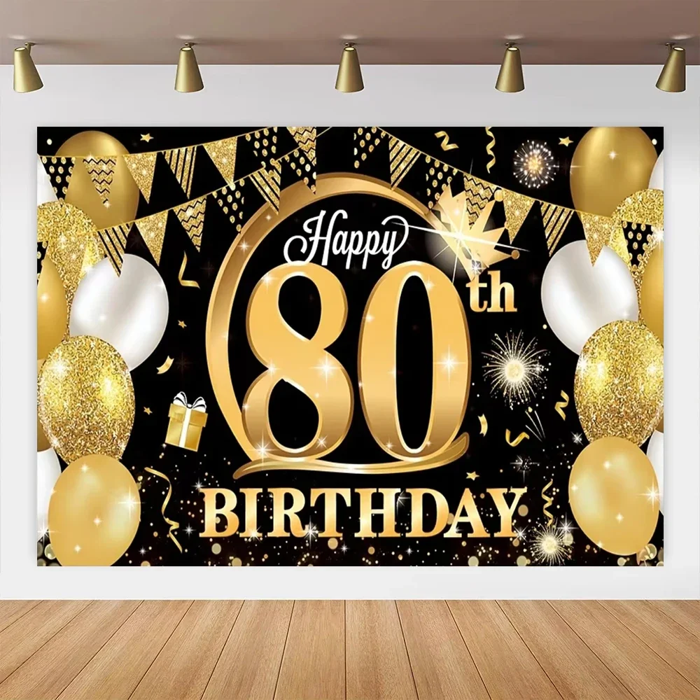 Sfondo decorativo per il 80° compleanno Tema felice del 80° compleanno Festa del 80° compleanno Sfondo nero e oro Decorazione poster