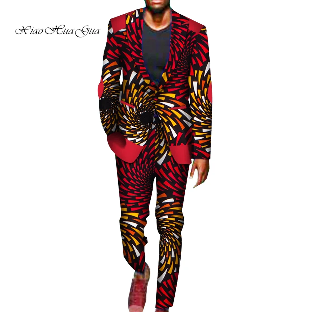 2 Pieces African Pants Sets Mens African Clothing Bazin Riche African Wax Print Blazer Suits and Pants Ankara Clothes WYN716