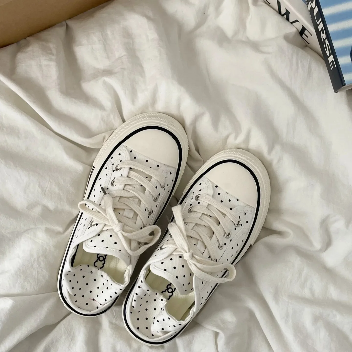 Girls Women Black White Polka Dot Backless Platform Mules, Slip‑On Thick Sole Casual Canvas Sneakers