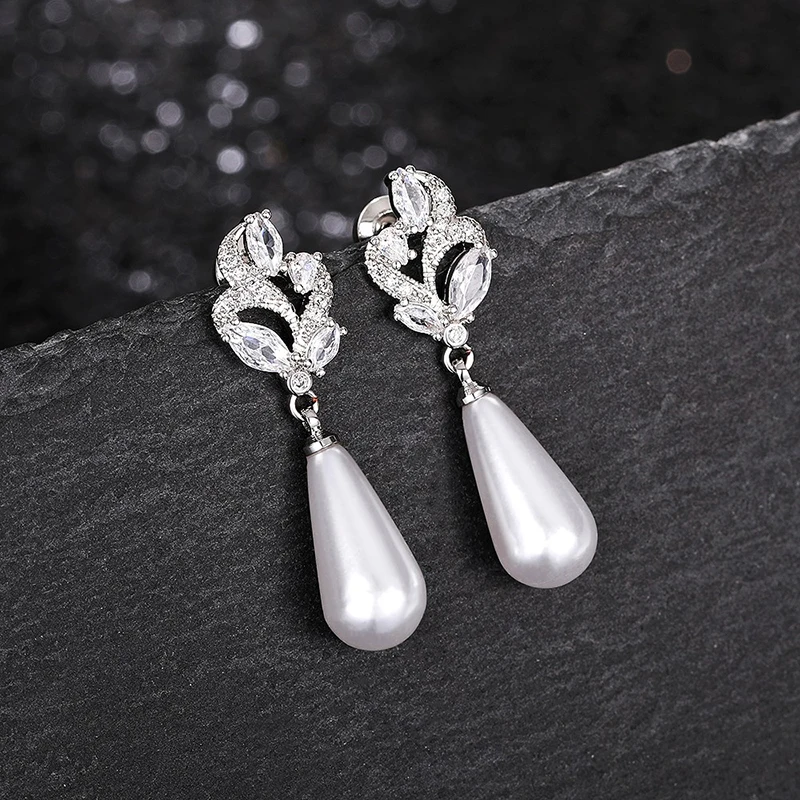 Huitan Aesthetic Imitation Pearl Dangle Earrings for Women Brilliant Cubic Zircon Luxury Female Wedding Earrings Fashion Jewelry