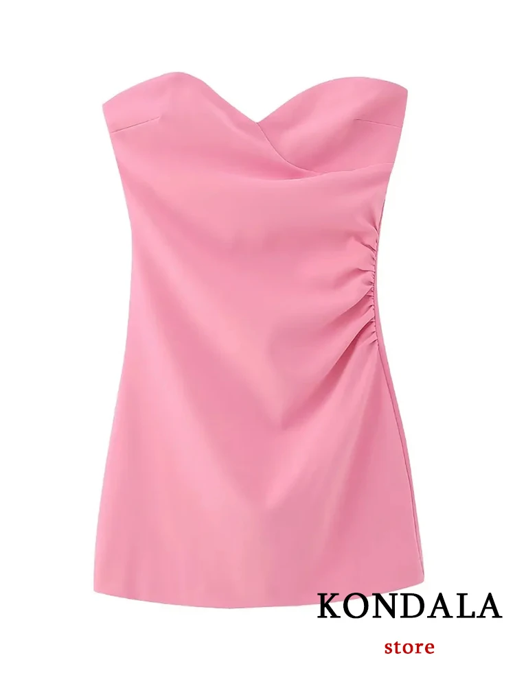 KONDALA Summer Sexy Solid Pink Party Mini Dress Women Corset Pleated Tube Dress Fashion 2023 Y2K Girl Night Club Dress Vestidos