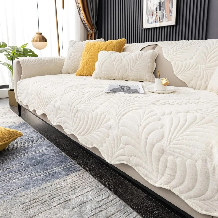 

Palm Leaves Sofa Couch Cover Chenille Plush Quilted Sectional Couch Cover 1Piece Non Slip Soft Sofa Slipcover Furniture Protect