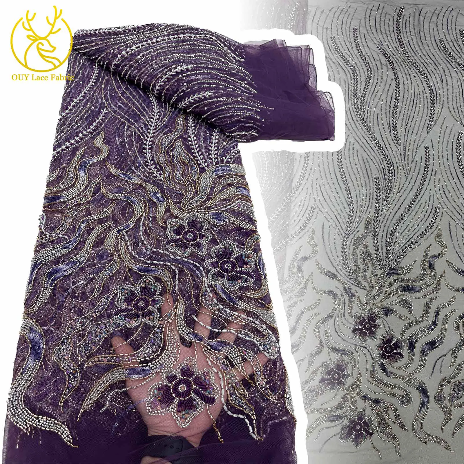 

Purple Latest African Beaded Lace Fabric 2025 Luxury High French Nigerian Sequins Embroidery Mesh Lace Fabric Party Dresses
