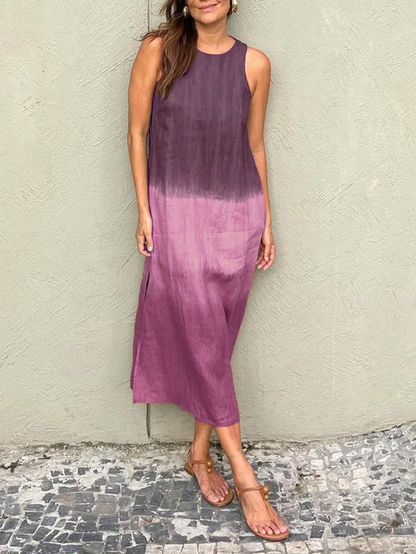 Gradient Print Sleeveless Long Dresses Women Summer New Fashion Loose Slit Dress Female Commuting Clothing Vestidos