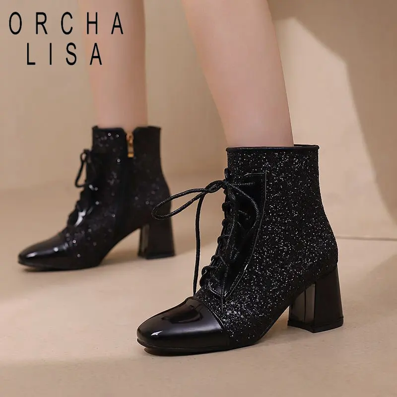 ORCHA LISA Fashion Women Ankle Boots Block Heels 6.5cm Zipper Lace Glitter Plus Size 47 48 49 50 Dating Lady Booties