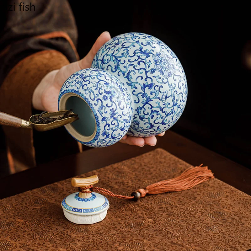 Interlocking Lotus Scroll Ceramic Tea Jar Tea Box Sealed Moisture Proof Jar Tea Container Storage Jar Ru Kiln Crackle Teaware