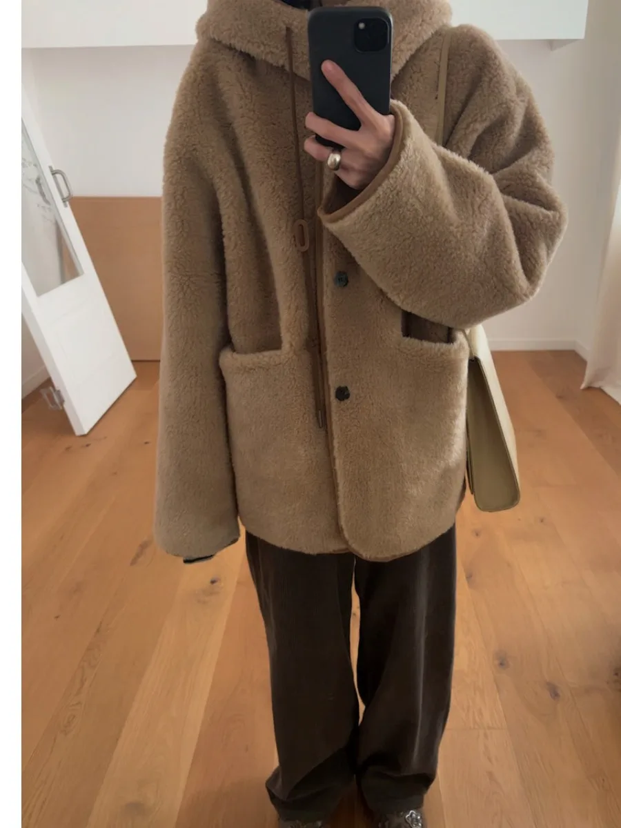 Retro sle pele e couro eepskin casaco feminino inverno novo duplo ket versátil algodão jaet dstring com capuz outerwear