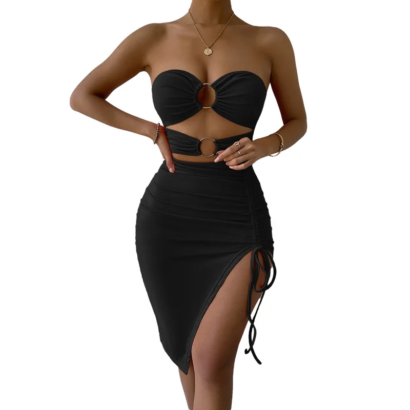 Top estivo sexy a tubino con spalle scoperte attillate con spacco alto, abito da donna medio e lungo, abiti da festa per night club, vestido taglie forti