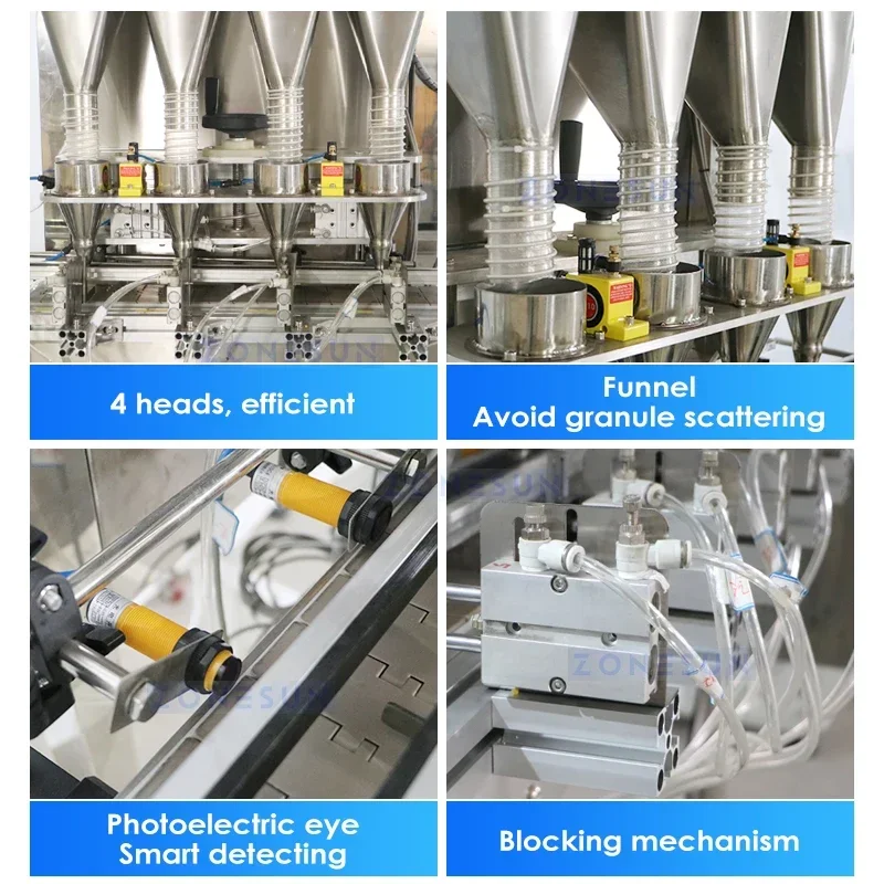 Zonesun pesador automático de enchimento de grânulos, 4 cabeças, nozes, feijão, sementes de grãos, garrafas de partículas, máquina de enchimento de pesagem ZS-GW4