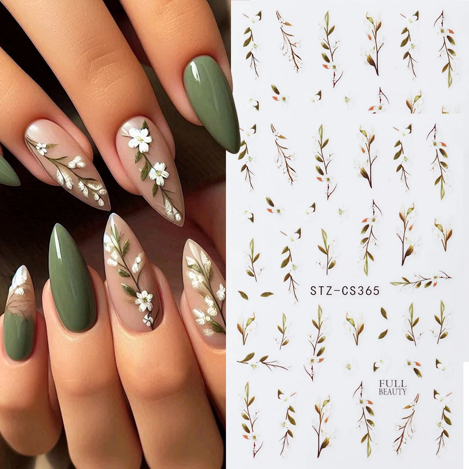 2 pegatinas mini para decoración de uñas con diseño de flor de jazmín, jazmín blanco con hojas verdes, decoración de uñas para primavera y verano