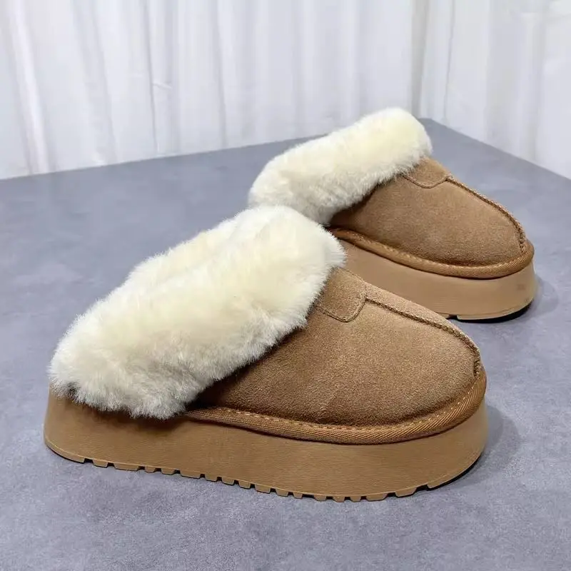 2024 Autumn/winter New Women's Thickened Fleece-lined Snow Boot Slippers Increased Heel High Top Fluffy Drags Rubber Outsole