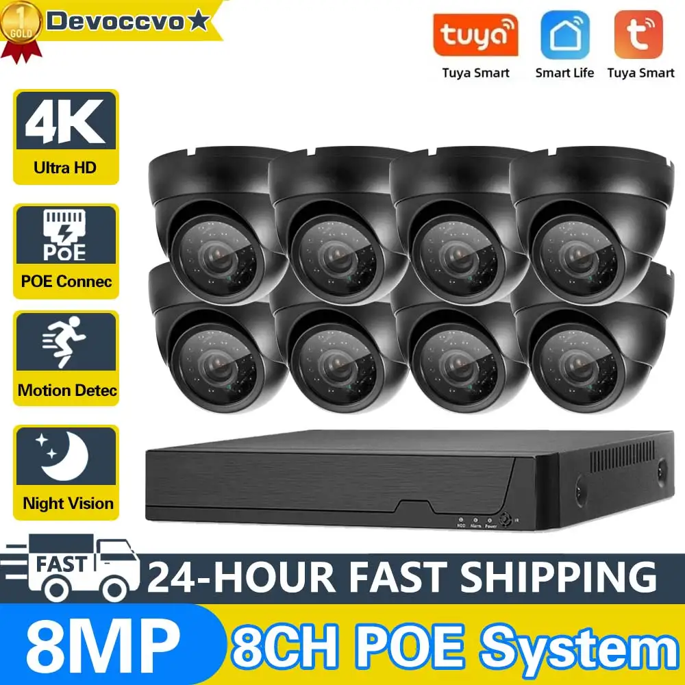 

Tuya POE CCTV Camera Security System Kit 8CH 4K NVR Set Indoor Home IP Dome Monitoring Camera System 4CH Video Surveillance Kit