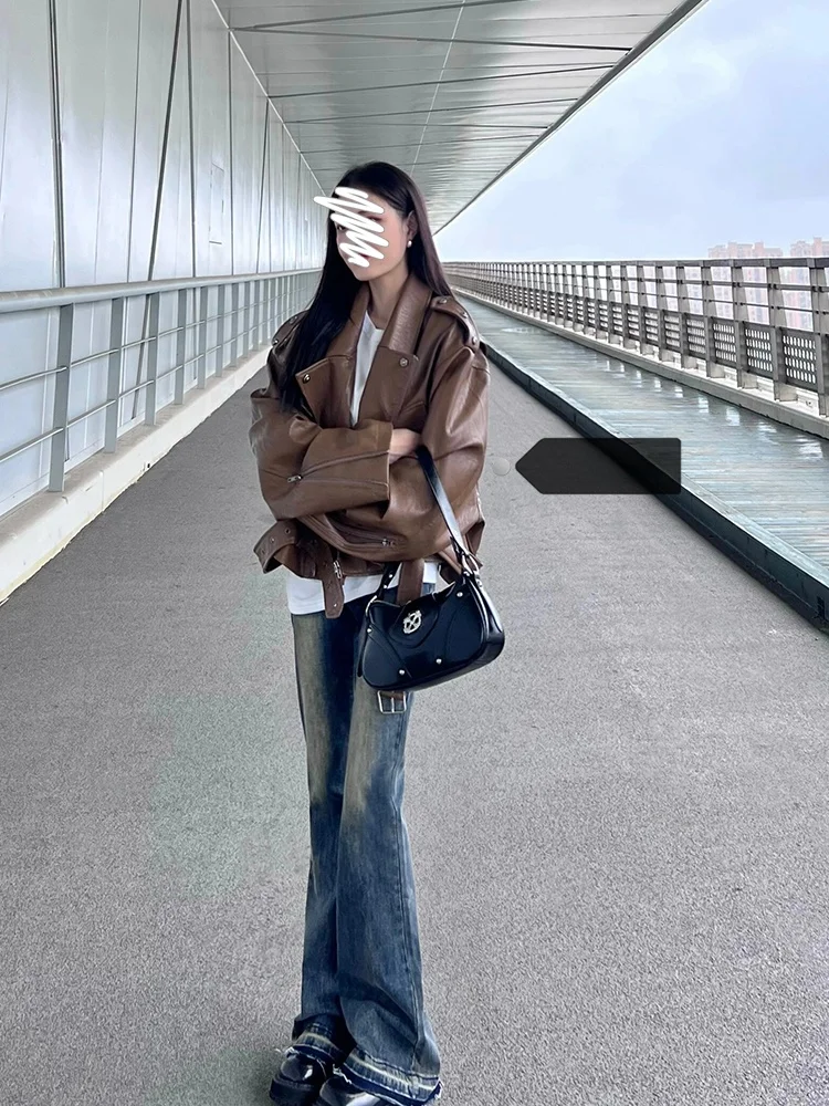 大きいサイズブラウンヘビーデューティーバイク用PUレザージャケットレディース秋冬オーバーサイズファッショナブルジャケットコート