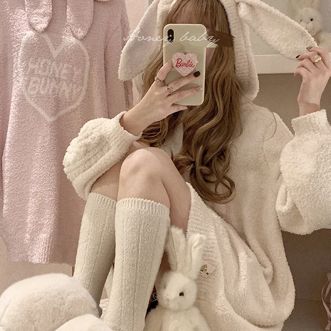 Rabbit Ears Sweet Nightgowns Hooded Heart Girls Cute Soft Warm Long Sleeve Loungewear 2024 Autumn and Winter Home Clothing