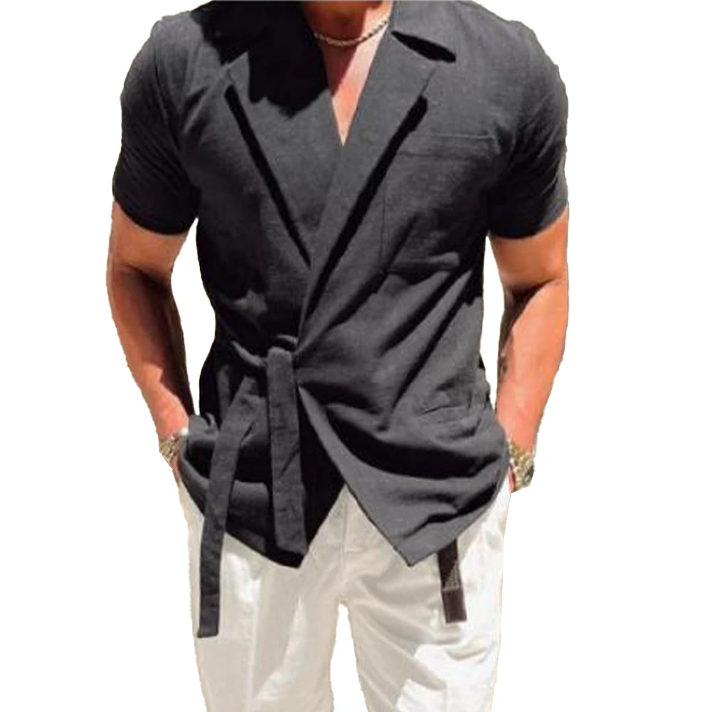 Summer Mens Casual Collared Dress Shirt Short Sleeve Blouse Lace-up Shirts Suit Tops Regular Party Shirts Men Clothing