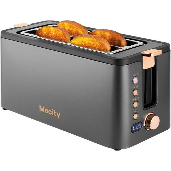 

Mecity 4 Slice Toaster, Long Slot Toaster With Warming Rack, Bagel/Defrost/Reheat Functions,Warming Rack, Crumb Tray