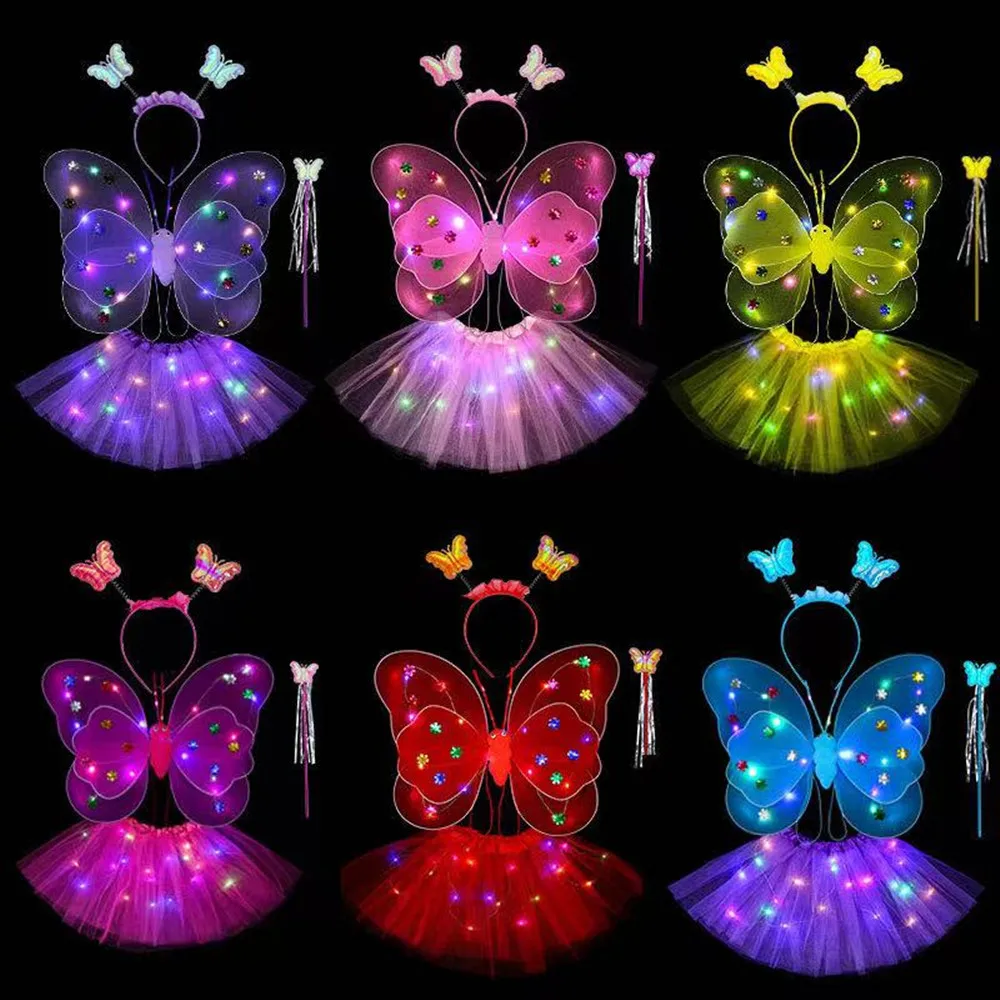 4Pcs Fairy Wing Girls Angel LED Butterfly Wing Glowing Light Up  Headband  Cosplay Props Angel Wings For Kids Birthday Gifts