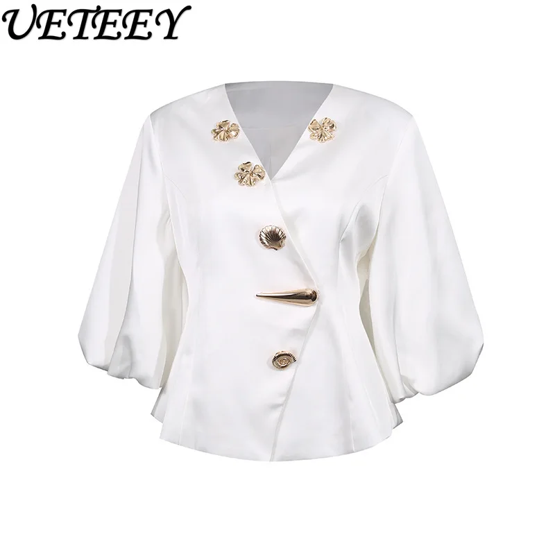 الطازجة الحلو أنيقة نمط نصف نفخة كم بلايز موضة جديدة زر معدني المرقعة الخامس الرقبة الخصر مقصوص قميص للنساء #5