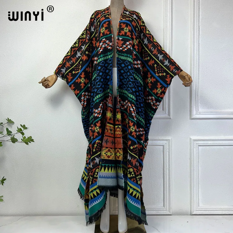 

WINYI 2024 winter cardigan Africa print women loose jacket Warm kimono long down coat Middle East fashion abaya holiday dress