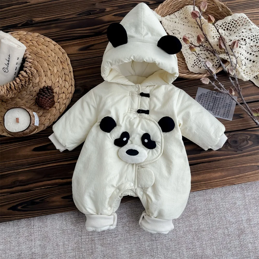 UNIFEMEN Winter Baby Boys Jumpsuit Plus Velvet Hooded Cartoon Panda Infant Boys Rompers Toddler Boys Cotton Quilted Bodysuit