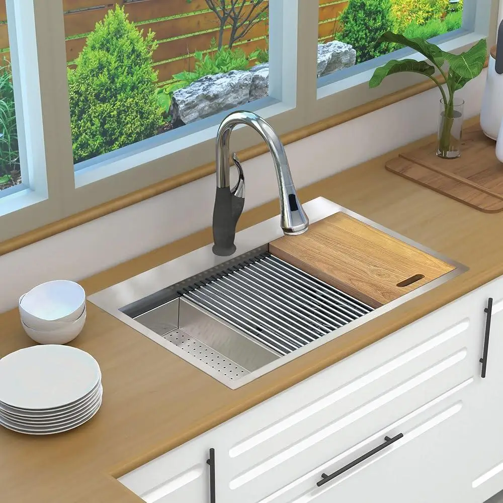 Fregadero de cocina de estación de trabajo empotrado de acero inoxidable de calibre 18 con accesorios de un solo cuenco que incluyen tabla de cortar colador de rejilla
