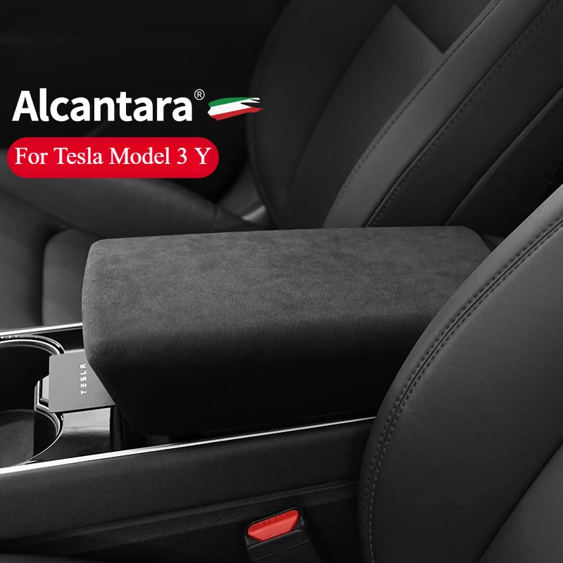 Central Control Panel for Tesla Model 3 Y Alcantara Suede Armrest Box Panel Cover Cup Holder Decorative Stickers Car Accessories