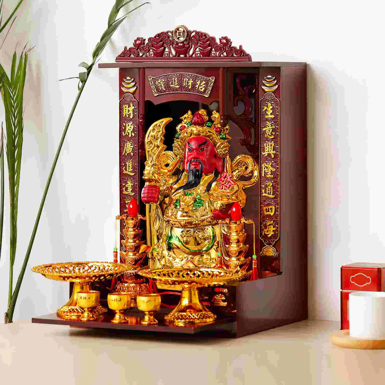 For Home Decoration Desk Buddha Shelf Statue Stand Altar Wall Chinese Red Multi-functional Wood Asian Style