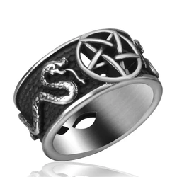 Elfasio Satanic Jewelry Pentagram Pentacle Ring Wiccan Snake Satan Devil Symbol Men Women Stainless Steel Rings Gothic Jewelry