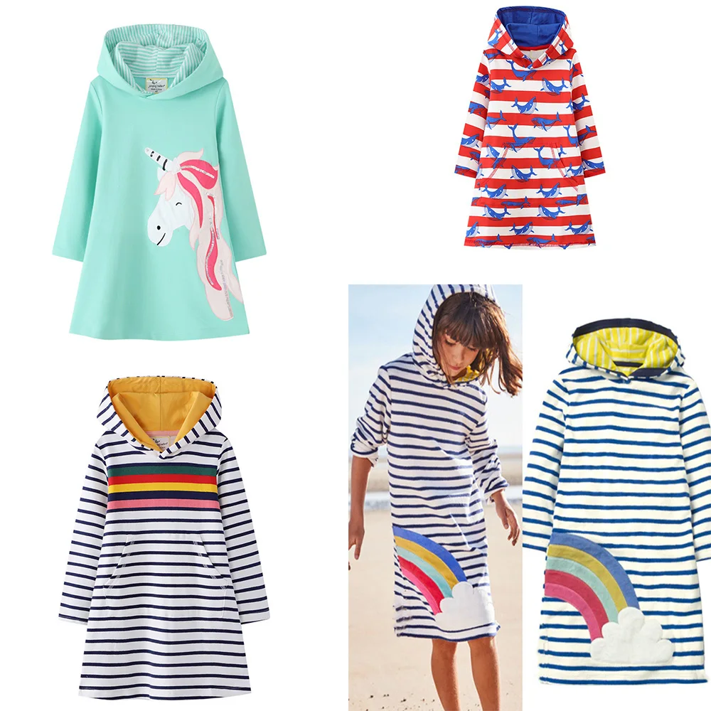Jumping Meters 2-7T Children's Hooded Dresses Hot Selling Cotton Cartoon Princess Toddler Kids Costume Autumn Spring Outwear
