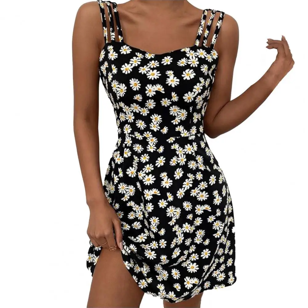 

Women Dress Print Hollow Out A-line Backless Sleeveless Above Knee Length Loose Hem Back Zipper vestidos femenino