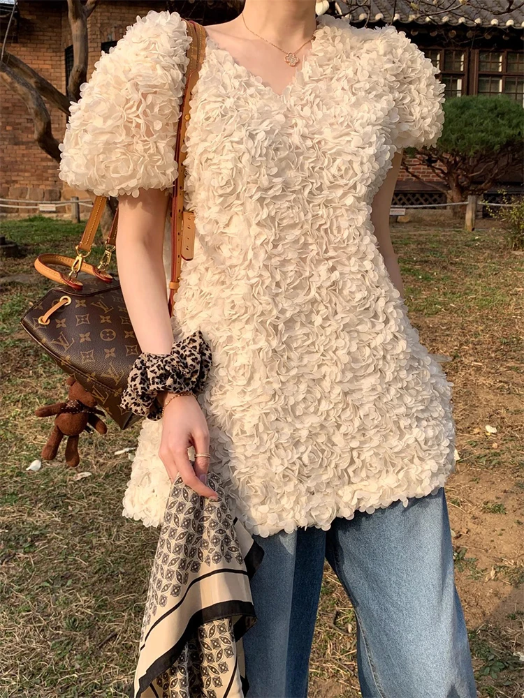 Liangliang nom dame Sle t-shirt dimensionnel pétale bulle Sve Dr femmes été nouveau rétro Faionable couches ort jupe