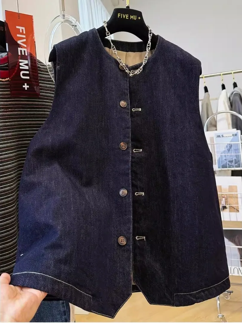 

Loose Fit Vintage round Ne Svel Denim Vest New Chinese Sle Jaet Outerwear for Men Autumn Season Casual Wear