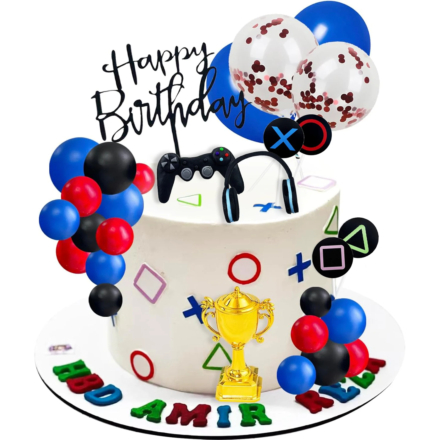 34 Stück Videospiel-Kuchenaufsatz, Headset, Spielkonsolen-Controller, Kuchenaufsatz mit Kugeln, Trophäen-Luftballons für Spiel-Themenpartys