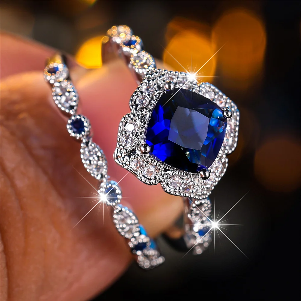 2 stücke weibliche silberne Farbe blau Zirkon Stein Ring Set Vintage Braut Hochzeit Bands Party Schmuck für Frauen
