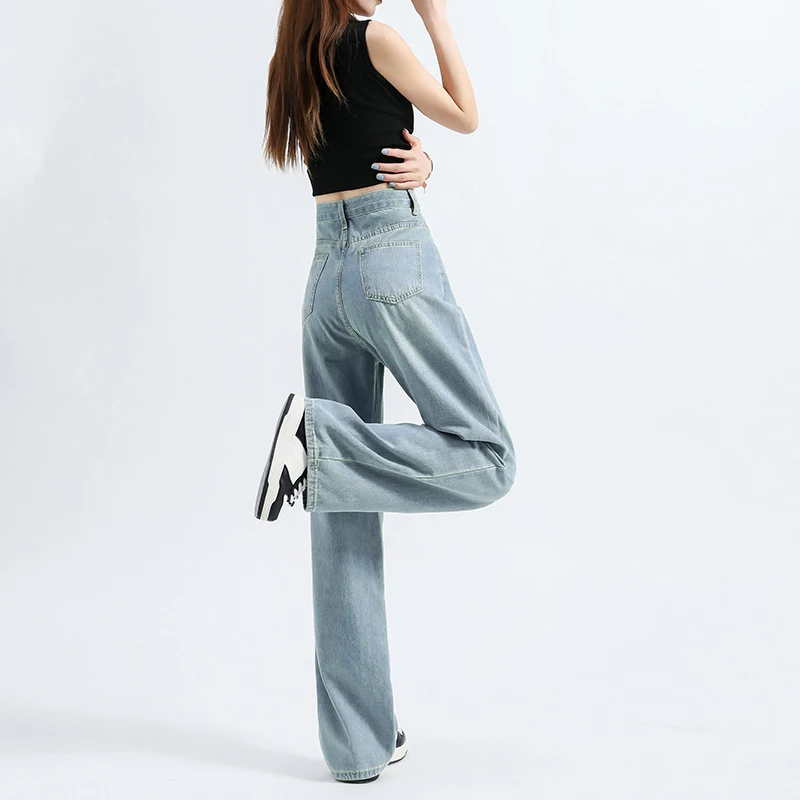 OUSSYU Women Jeans Loose Straight Cotton Soft High Waisted Woman Jean Pant Fashion Comfort Retro Blue Casual Trousers